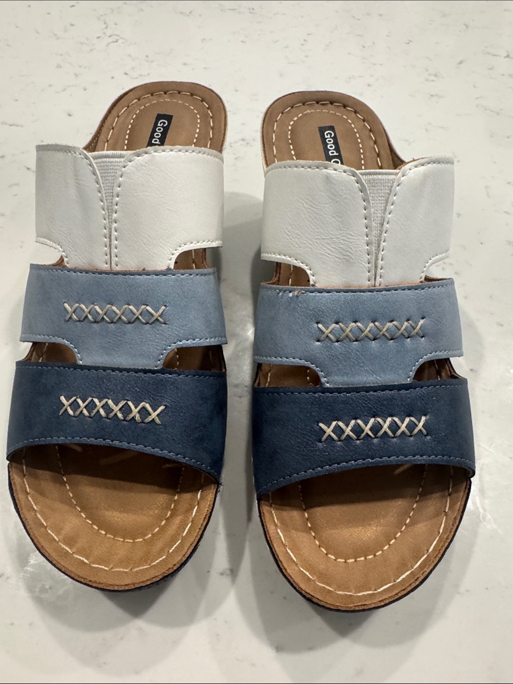 Good Chic Women's White, Light Blue and Navy Triple-Strap Slide Sandals
